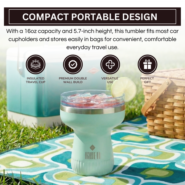 Double Wall Insulated Margarita & Cocktail Tumbler | 360 Lid | 16 oz | Sea Glass