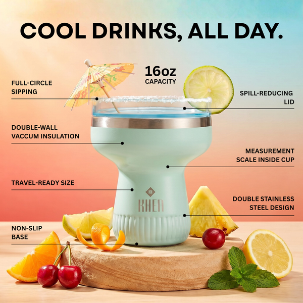Double Wall Insulated Margarita & Cocktail Tumbler | 360 Lid | 16 oz | Sea Glass