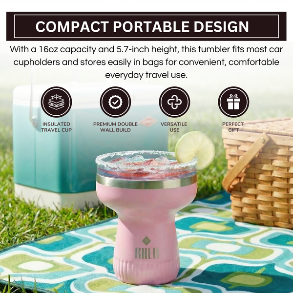 Double Wall Insulated Margarita & Cocktail Tumbler | 360 Lid | 16 oz | Rose Quartz