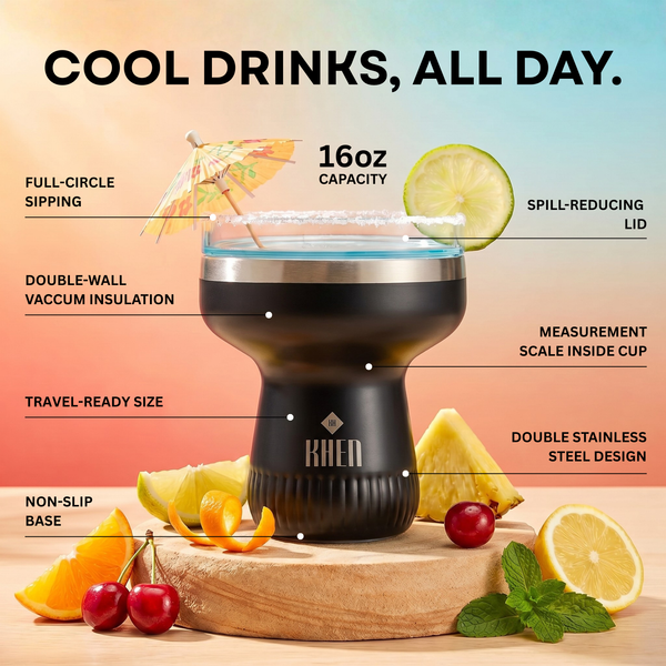 Double Wall Insulated Margarita & Cocktail Tumbler | 360 Lid | 16 oz | Carbon
