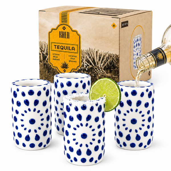 Khen Tequila Ceramic Shot Glasses, Set of 4 White and Blue Shooter Cups