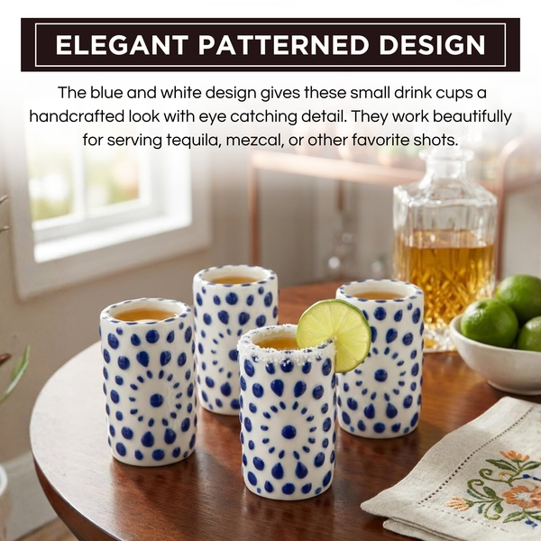 Khen Tequila Ceramic Shot Glasses, Set of 4 White and Blue Shooter Cups