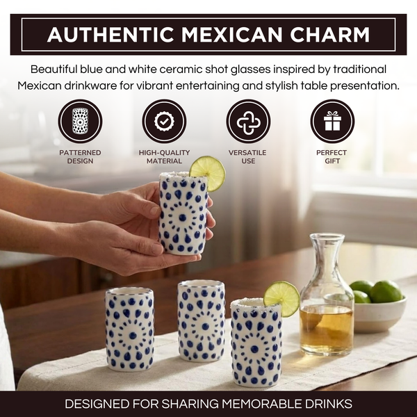 Khen Tequila Ceramic Shot Glasses, Set of 4 White and Blue Shooter Cups