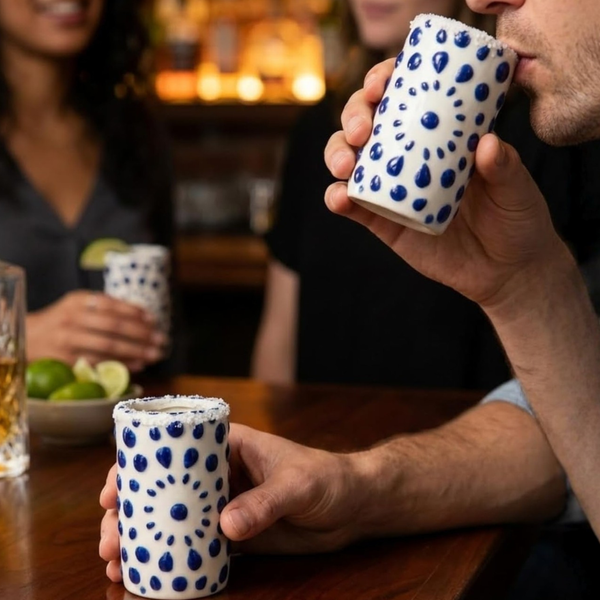 Khen Tequila Ceramic Shot Glasses, Set of 4 White and Blue Shooter Cups