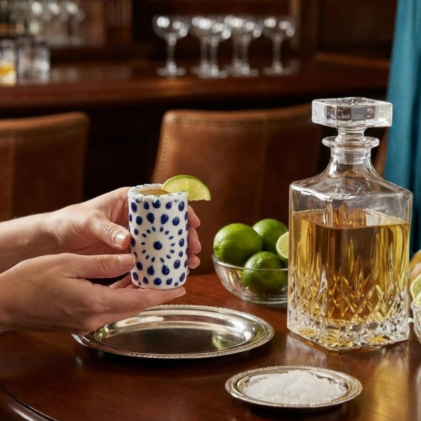 Khen Tequila Ceramic Shot Glasses, Set of 4 White and Blue Shooter Cups