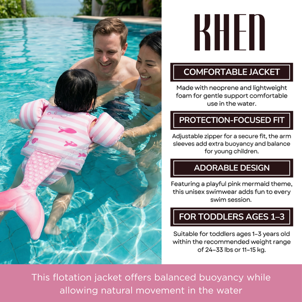 Floating Jackets with Sleeve, Single, Pink Mermaid 1-3 Years