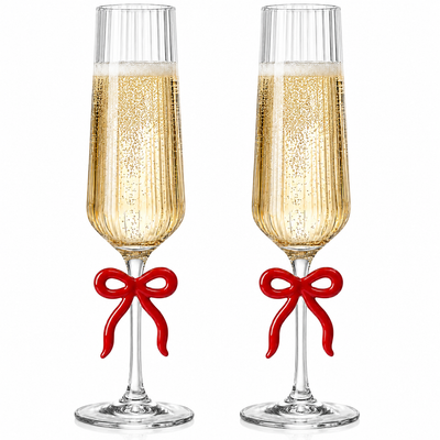 Clear Champagne Glass with Red Bow on Stem, Set of 2