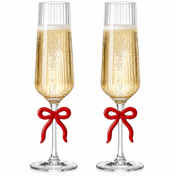 Clear Champagne Glass with Red Bow on Stem, Set of 2