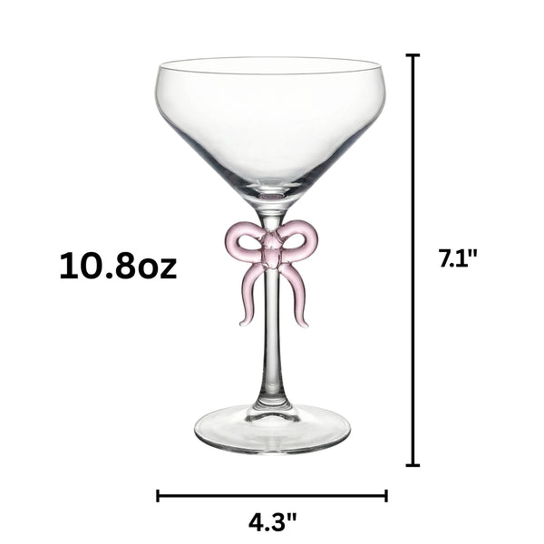 Clear Martini Glass with Pink Bow on Stem, Set of 2
