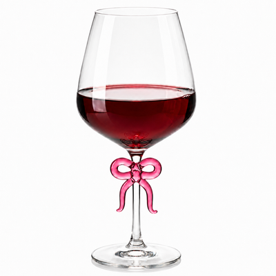 Large Clear Wine Glass with Pink Bow on Stem, One Piece