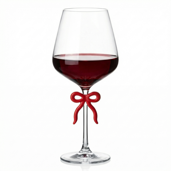 Large Clear Wine Glass with Red Bow on Stem, One Piece