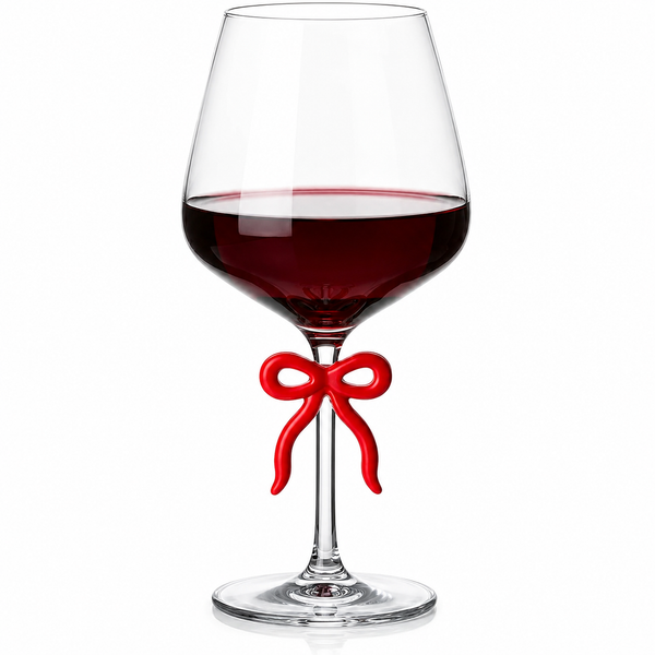 Large Clear Wine Glass with Red Bow on Stem, One Piece