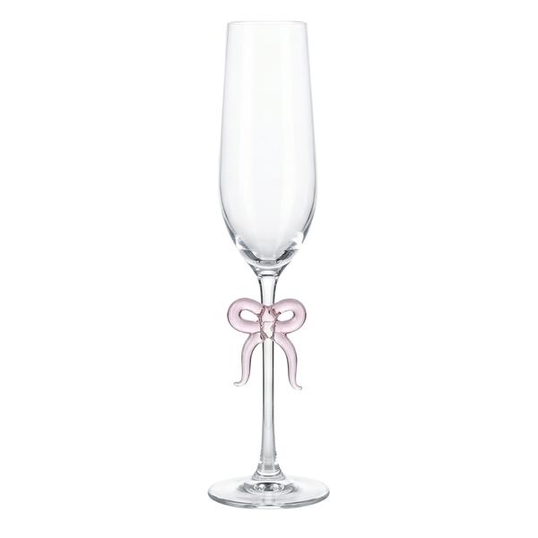 Single Clear Champagne Glass with Pink Bow on Stem, One Piece
