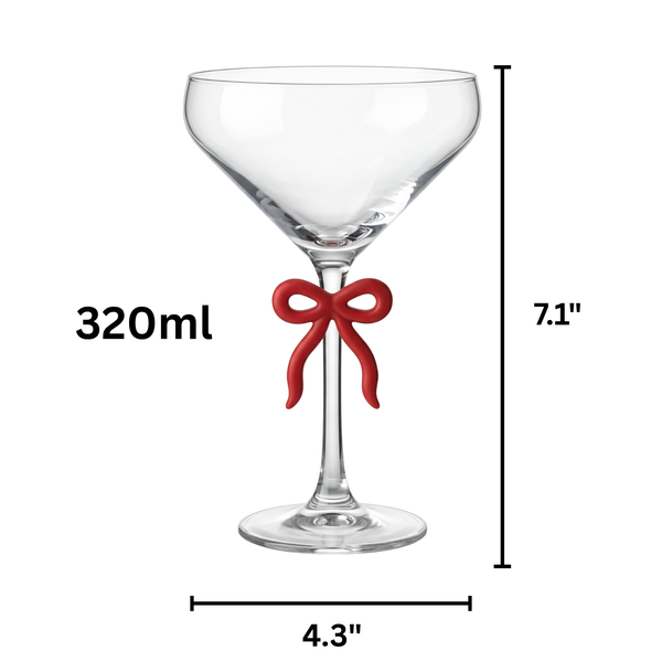 Clear Martini Glass with Red Bow on Stem, Set of 2