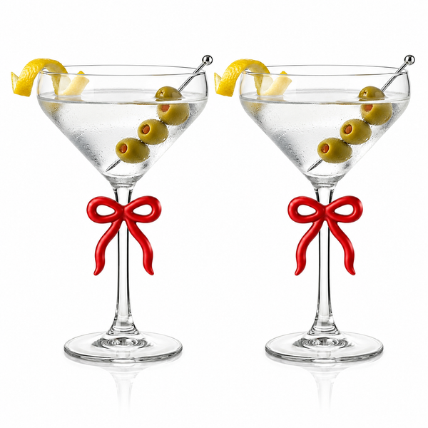 Clear Martini Glass with Red Bow on Stem, Set of 2