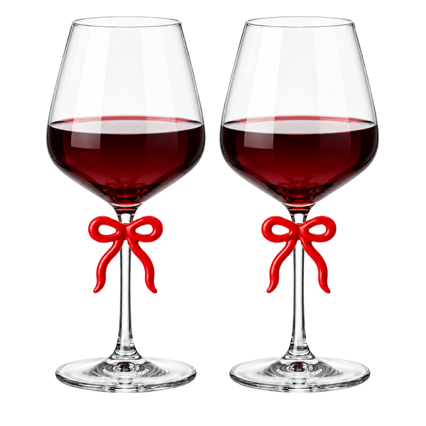 Large Clear Wine Glass with Red Bow on Stem, Set of 2