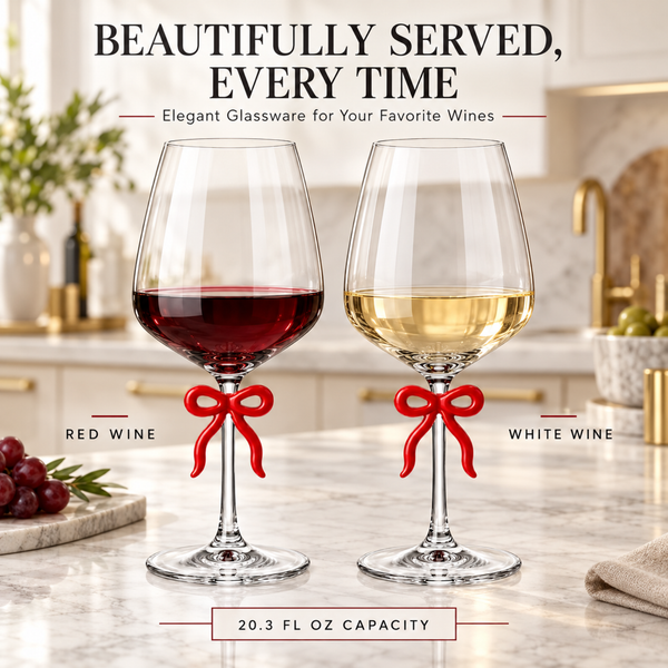 Large Clear Wine Glass with Red Bow on Stem, Set of 2