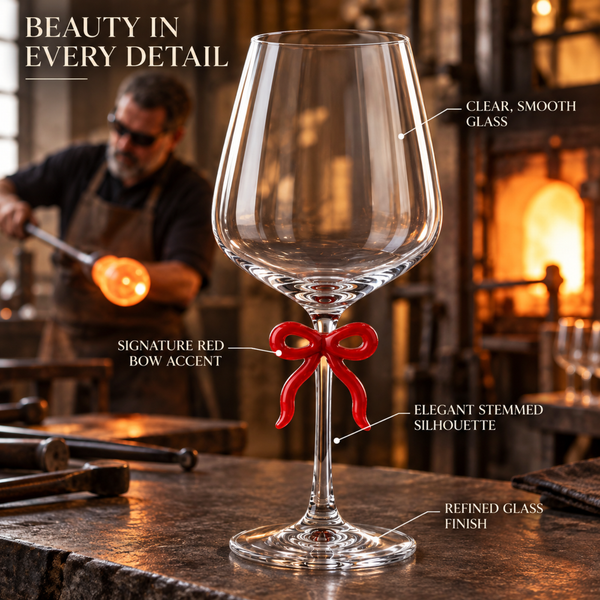 Large Clear Wine Glass with Red Bow on Stem, Set of 2