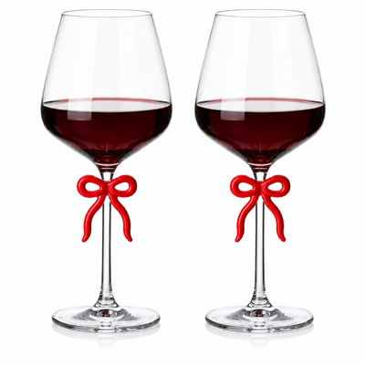 Large Clear Wine Glass with Red Bow on Stem, Set of 2
