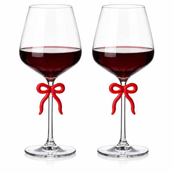 Large Clear Wine Glass with Red Bow on Stem, Set of 2