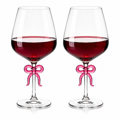 Large Clear Wine Glass with Pink Bow on Stem, Set of 2
