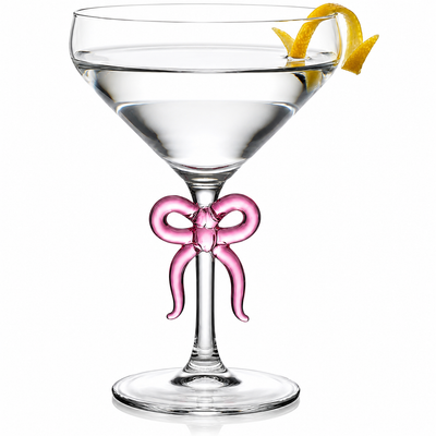 Single Clear Martini Glass with Pink Bow on Stem, One Piece