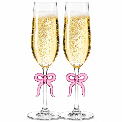 Clear Champagne Glass with Pink Bow on Stem, Set of 2
