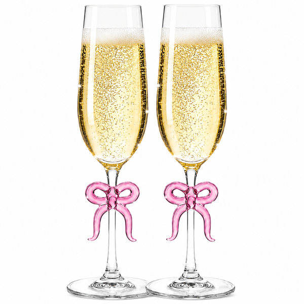 Clear Champagne Glass with Pink Bow on Stem, Set of 2