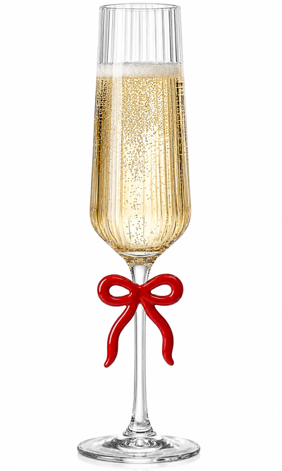Single Ribbed Clear Champagne Glass with Red Bow on Stem
