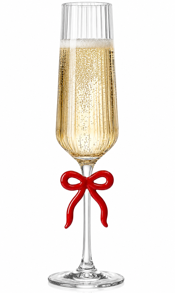 Single Ribbed Clear Champagne Glass with Red Bow on Stem