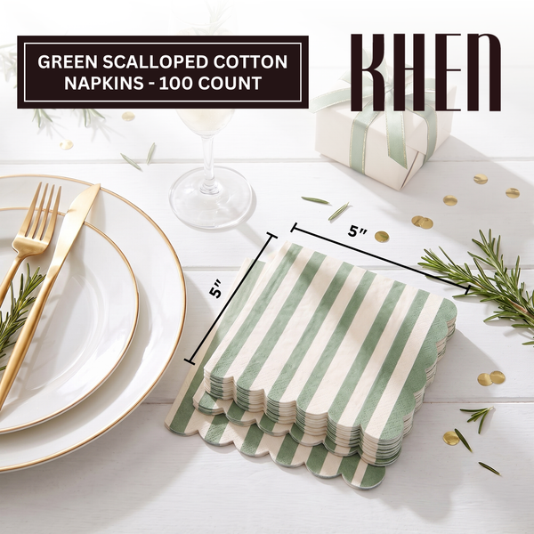 Green Scalloped Cotton Napkins, Green Cotton Reusable Table
