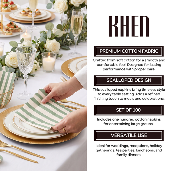 Green Scalloped Cotton Napkins, Green Cotton Reusable Table
