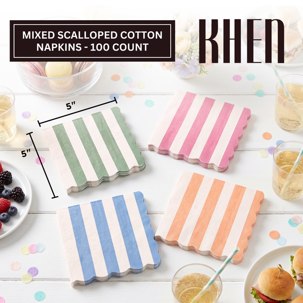 Mixed Scalloped Cotton Napkins, Cranberry Cloudy Blue Orange Green