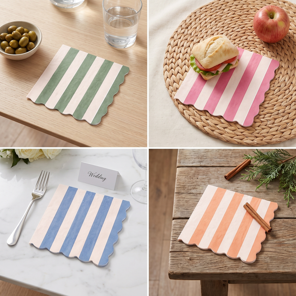 Mixed Scalloped Cotton Napkins, Cranberry Cloudy Blue Orange Green