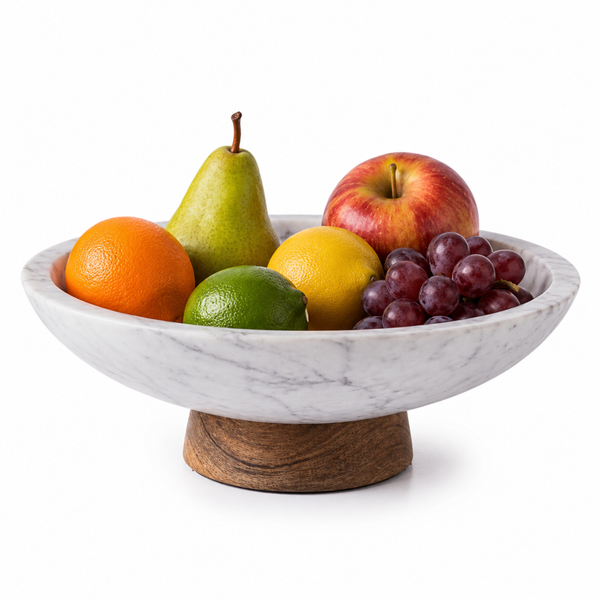 White Marble and Wood Pedestal Serving Bowl – 11 Inch