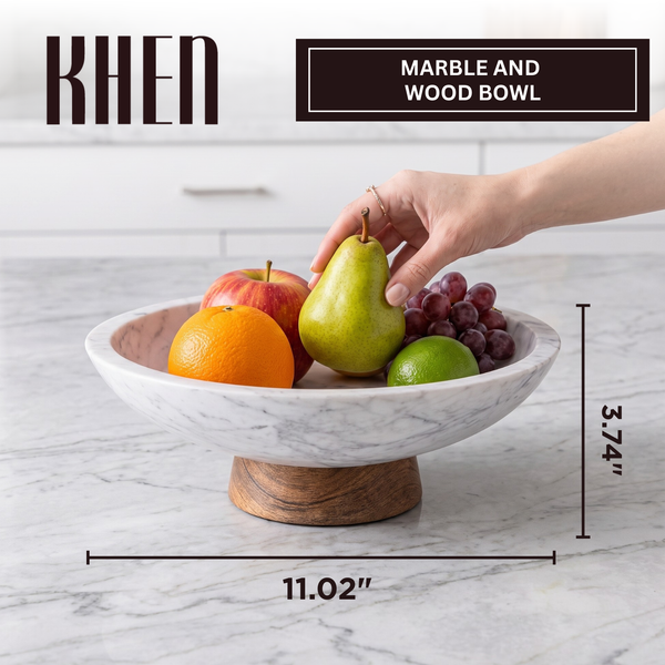 White Marble and Wood Pedestal Serving Bowl – 11 Inch
