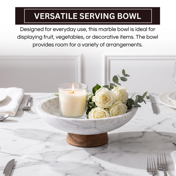 White Marble and Wood Pedestal Serving Bowl – 11 Inch
