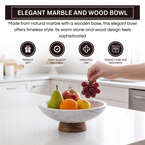 White Marble and Wood Pedestal Serving Bowl – 11 Inch