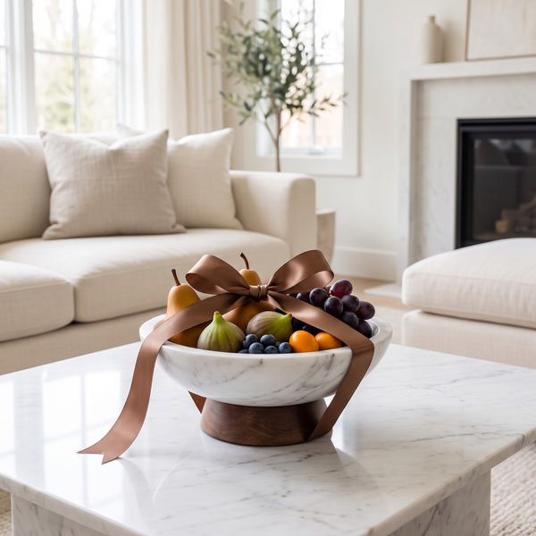 White Marble and Wood Pedestal Serving Bowl – 11 Inch
