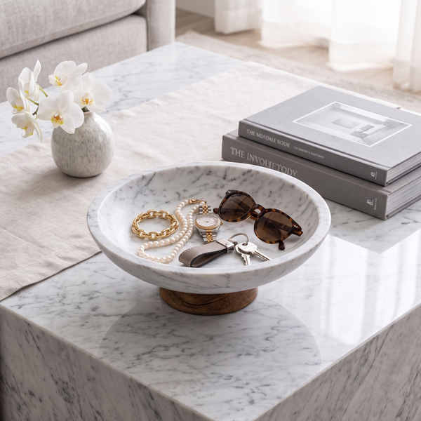 White Marble and Wood Pedestal Serving Bowl – 11 Inch