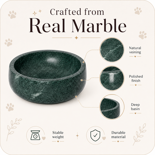 Green Marble Pet Bowl, 1 Piece, 7.5 x 2.5 Inch Polished Natural Stone Food Water Dish