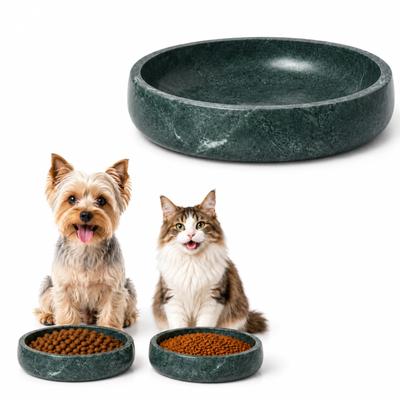 Green Marble Pet Bowl, 1 Piece, 9.5 x 2.5 Inch Polished Natural Stone Food Water Dish