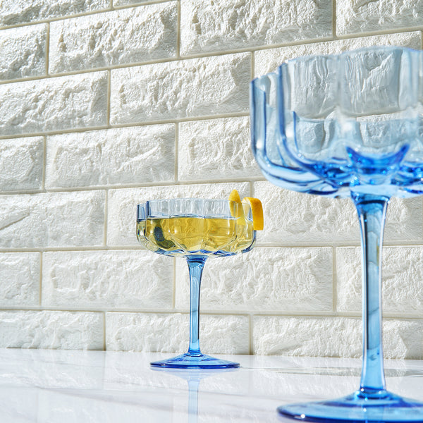 Wave Flower Champagne Coupe Cocktail Glassware, Blue, Set of 2