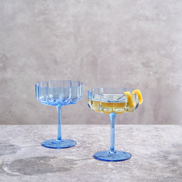 Wave Flower Champagne Coupe Cocktail Glassware, Blue, Set of 2