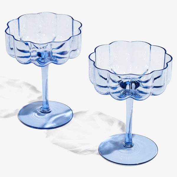 Wave Flower Champagne Coupe Cocktail Glassware, Blue, Set of 2