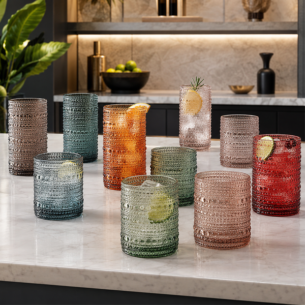 Hobnail Beaded Highball Drinking Tumbler Glasses | Set of 12