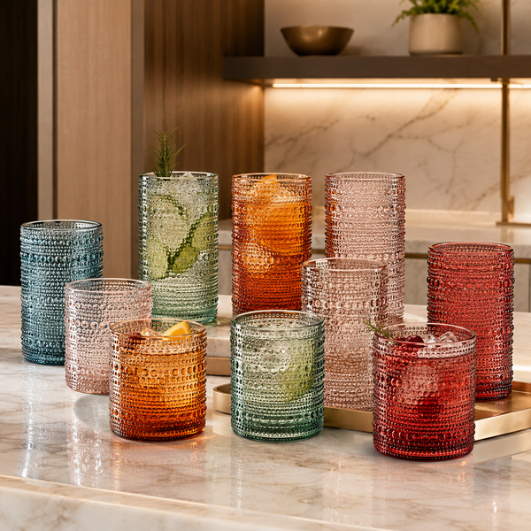 Hobnail Beaded Highball Drinking Tumbler Glasses | Set of 12