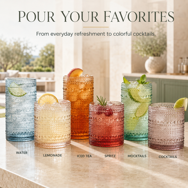 Hobnail Beaded Highball Drinking Tumbler Glasses | Set of 12