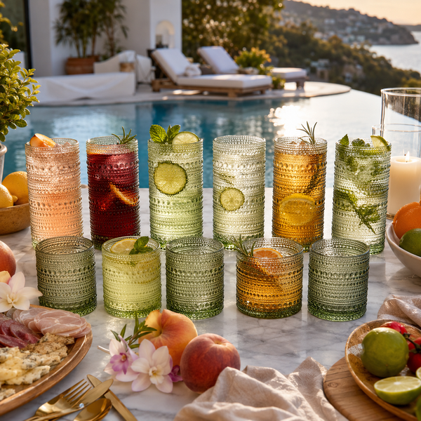 Hobnail Beaded Highball Drinking Tumbler Glasses | Set of 12