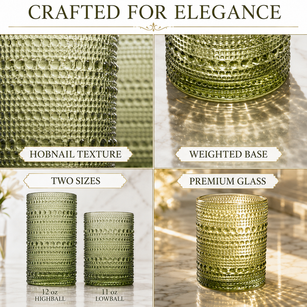 Hobnail Beaded Highball Drinking Tumbler Glasses | Set of 12